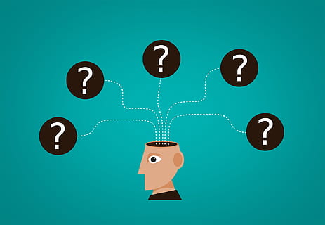 drawn image of a person with lots question marks coming out of his head
